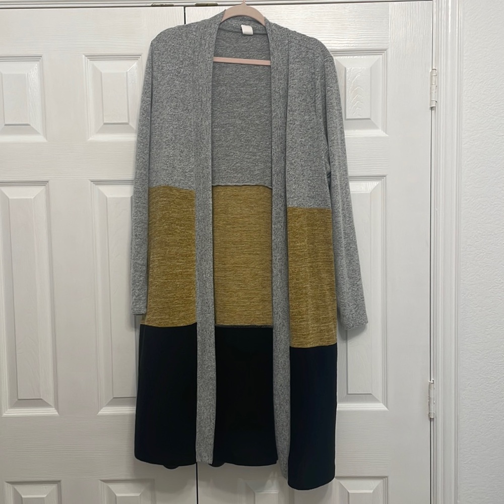 Long Color Block Cardigan with pockets. Gray, Mustard and Black. Super Soft.